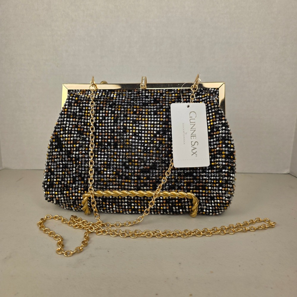 Jessica McClintock Gunne Sax Rhinestone Clutch Multi Metallic Gold Silver Black